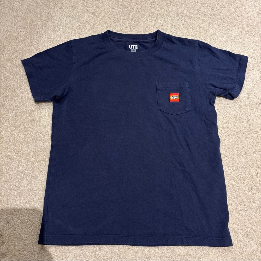 LEGO Uniqlo Black Short Sleeve T-Shirt Kids Size 7-8 Past Logo Print Pocket
